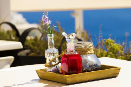 圣托里尼，希腊，放松，旅游，表，玻璃，花瓶，花，餐厅