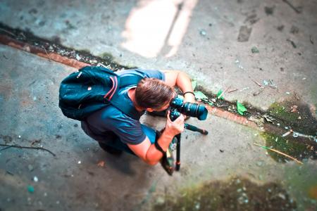 摄影师，工作，相机，单反，镜头，跪，照片，摄影，街头