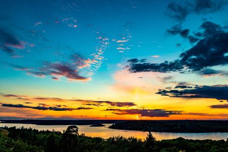 斯德哥尔摩，瑞典，天空，日落，惊人，云，多彩，湖，燃烧的天空