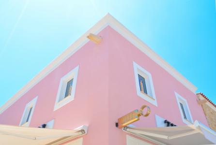 建筑，房屋，家园，住宅，郊区，窗口，粉红色，粉彩，天空，蓝色