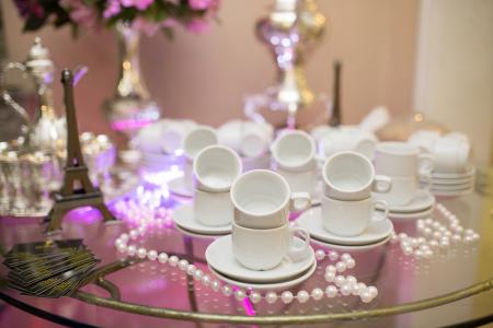 杯，碟，陶瓷，玻璃，表，室内，设计，婚礼，方，装饰，珠子