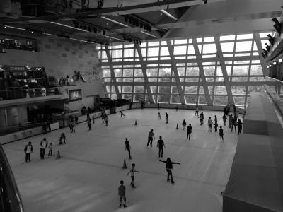 溜冰，溜冰场，运动，乐趣，人们，溜冰鞋，冰，购物中心，香港，黑色和白色