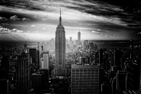 纽约，城市，帝国州，建筑物，市中心，塔，高楼，建筑，天空，云，黑与白，城市