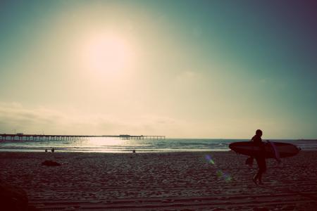 人，男人，女人，女士，家伙，夏天，太阳，光线，沙滩，海浪，桥，冲浪，冲浪板。