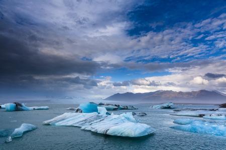 冰岛，冰，冰川，湖，水，天空，云