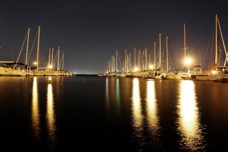 帆船，水，码头，港口，码头，灯，晚上，黑暗