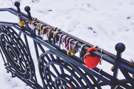挂锁，锁定，栏杆，雪，冬天