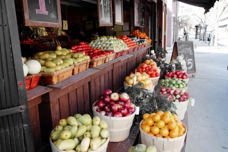 水果，蔬菜，街头，市场，梨，苹果，橘子，芒果，西红柿，哈密瓜，篮子，价格