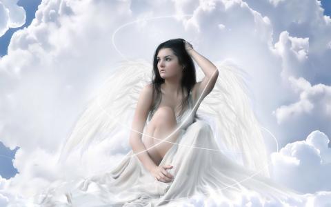 天使，白色，翅膀，晴朗，天气，白，光，云