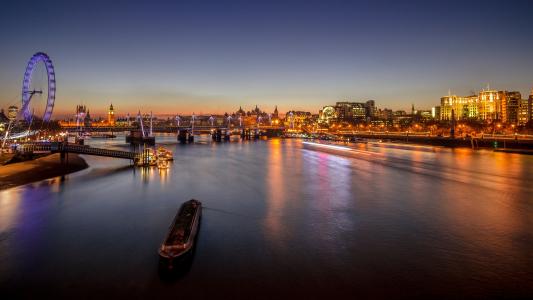 城市，晚上，晚上，灯光，河，摩天轮，伦敦