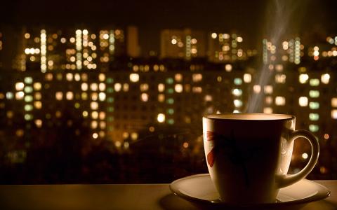 杯子，咖啡，热，晚上，灯光