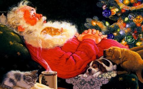 圣诞老人，睡觉，扶手椅，圣诞树，小猫，小狗，圣诞老人，圣诞树，汤姆通讯社，绘画，绘画
