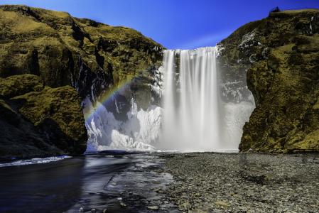 斯科加瀑布，冰岛，斯科加瀑布瀑布，冰岛，河流，岩石，彩虹，瀑布