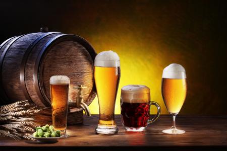 啤酒花，眼镜，桶，静物，啤酒