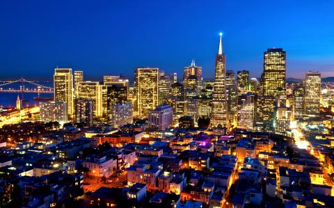 旧金山，加利福尼亚州，旧金山，加利福尼亚州，夜晚的城市，灯光，建筑物，摩天大楼