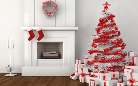 壁炉，圣诞树，红色和白色的颜色