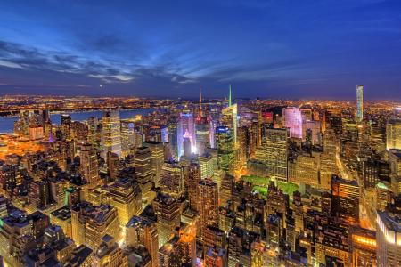 纽约市，纽约市，曼哈顿，曼哈顿，纽约，全景，建筑，摩天大楼，夜晚的城市