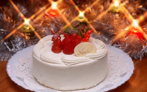 圣诞蛋糕，草莓，灯