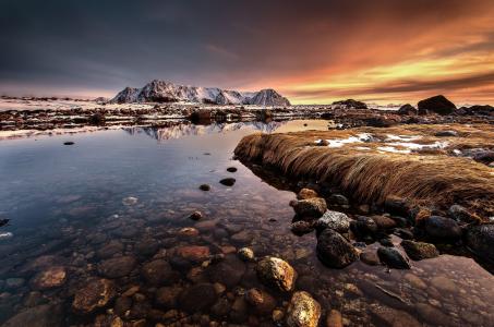 岩石，水，水景，阳光，阳光，石头，云，vesteralen岛，挪威，挪威