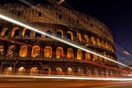 罗马，罗马，意大利，斗兽场，罗马，意大利，斗兽场，竞技场，纪念碑，砖，建筑，晚上，灯，城市
