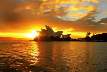 悉尼，澳大利亚，歌剧院，悉尼，澳大利亚，歌剧院，剧院，日落，云，水，海，海洋，景观，城市