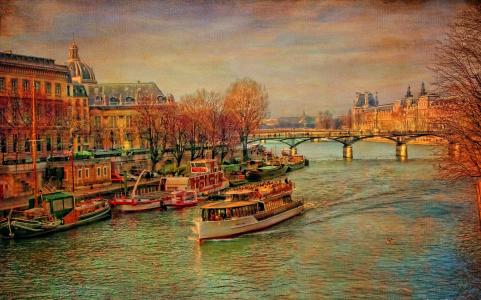 帆布，船，桥，塞纳河，法国，巴黎，树木，秋季，宫殿，河流