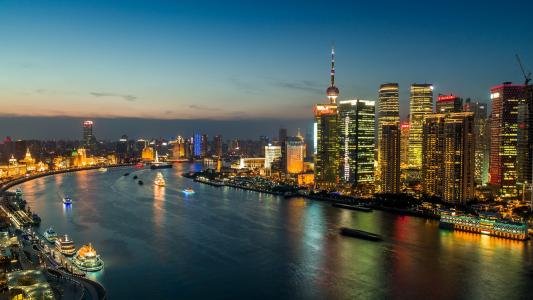 上海，中国，黄浦江，上海，中国，黄浦江，夜晚的城市，建筑，摩天大楼，全景，灯光