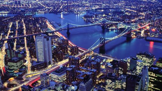 纽约，夜晚，桥梁，灯光