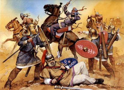 战斗，罗马军团，马术，帕提亚，弓箭手，卡尔丘基，头盔，飞镖，盾牌，弓箭，箭