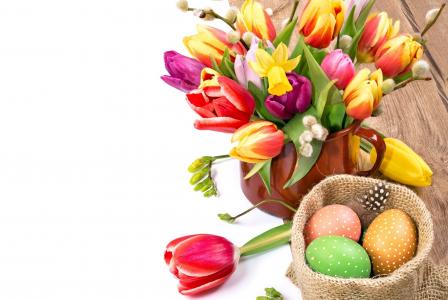 复活节，鸡蛋，krashenki，郁金香，鲜花