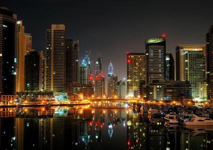 迪拜，玛丽娜，晚上，迪拜，港口，迪拜，城市