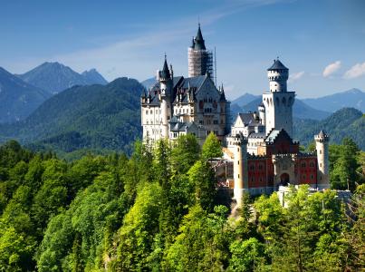 山，замок，德国，新天鹅堡，阿尔卑斯山，巴伐利亚