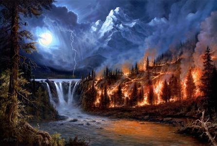 杰西巴恩斯，景观，河流，瀑布，火，火，森林，在森林中的火，闪电，元素，艺术