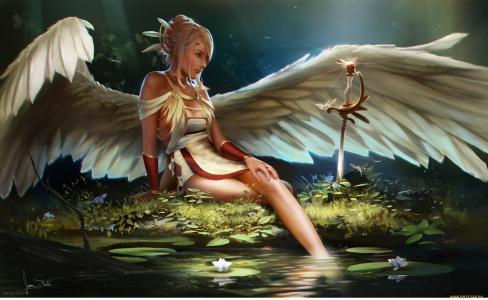 幻想，天使，女孩，池塘，军刀，天使，翅膀