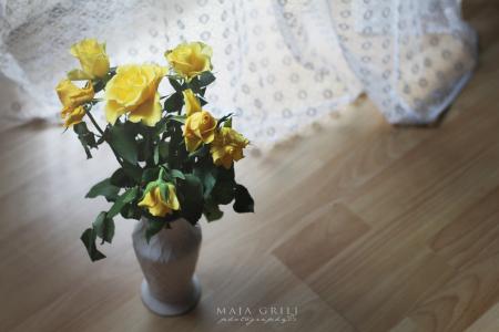 玫瑰，黄色，花束，花瓶