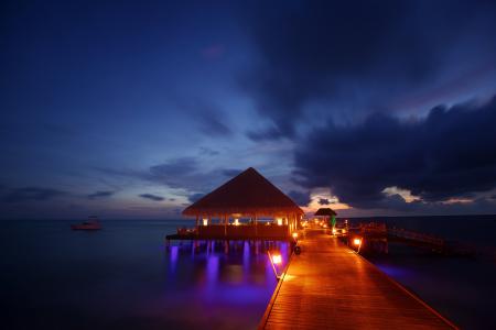 晚上，灯光，马尔代夫，热带，海滩，平房
