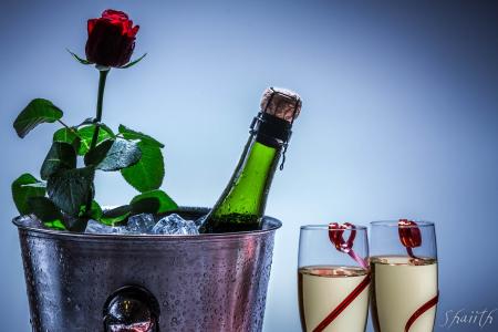 香槟，玫瑰，花，瓶，酒杯，水桶