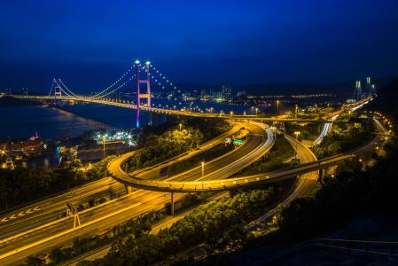 香港青马大桥，城市，路，桥，夜景