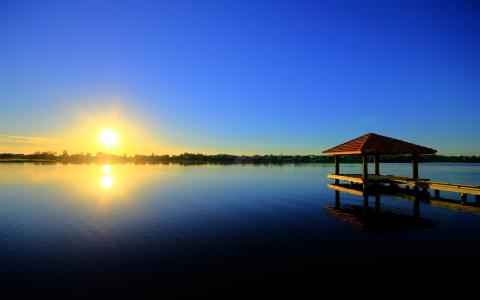 黄金海岸，澳大利亚，澳大利亚，湖，日出，早晨，景观