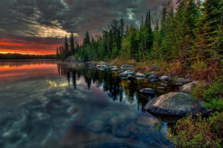 安大略省，加拿大，日落，湖，森林，景观