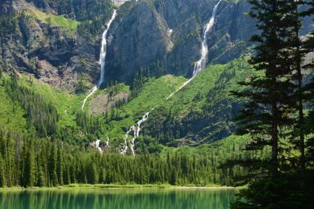 雪崩湖，冰川国家公园，蒙大拿州，冰川，蒙大拿州，湖泊，山脉，瀑布