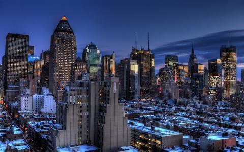 纽约，城市，摩天大楼，蓝色小时，中城，曼哈顿，纽约，美国