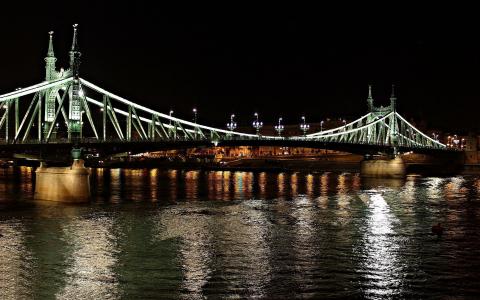 晚上，城市，河流，桥梁，背光，布达佩斯