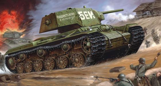 战争，攻击坦克，KV-85，士兵，绘图