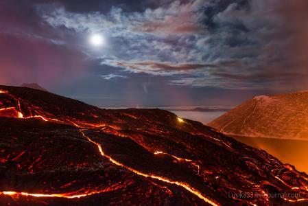 熔岩，堪察加半岛，夜，托尔巴奇克，火山
