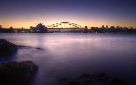 海港大桥，悉尼，歌剧院，日落，澳大利亚，сидней