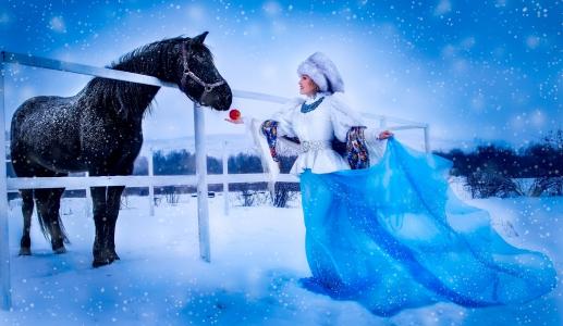 女孩，雪少女，马，马，苹果，冬天，雪