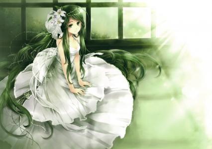女孩，礼服，新娘，绿色的头发，鲜花