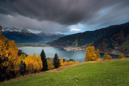 秋天，湖，山，奥地利