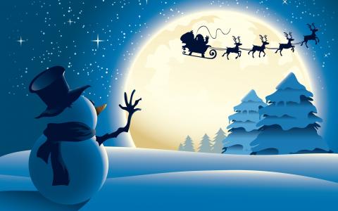 新的一年，圣诞老人，鹿，雪人，星星，夜